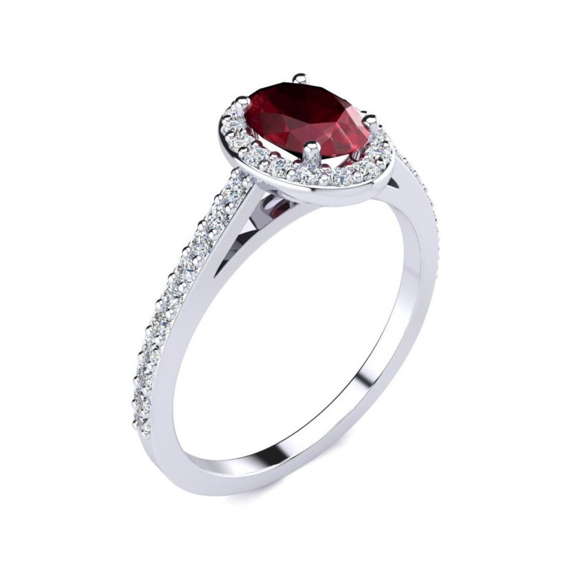 Lab Created 1cttw Oval Shape Created Ruby and Halo Diamond Ring In Sterling Silver