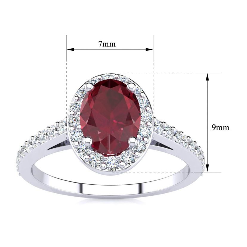 Lab Created 1cttw Oval Shape Created Ruby and Halo Diamond Ring In Sterling Silver