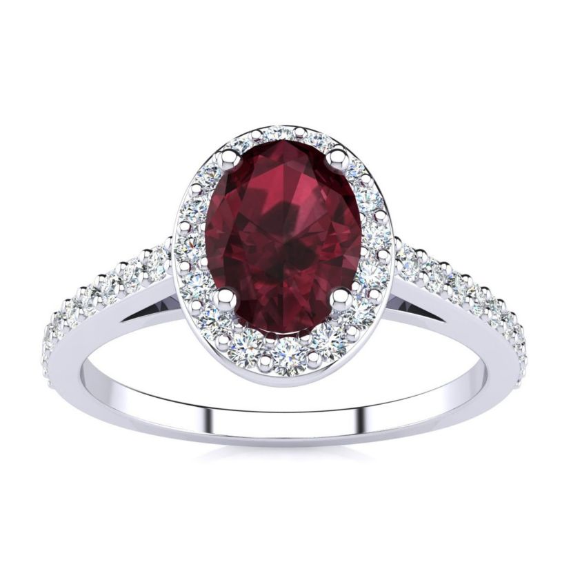 1cttw Oval Shape Garnet and Halo Diamond Ring In Sterling Silver