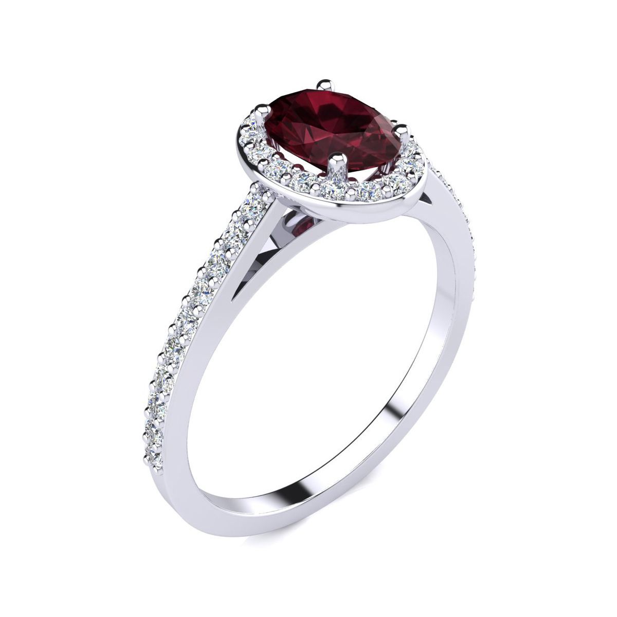 1cttw Oval Shape Garnet and Halo Diamond Ring In Sterling Silver