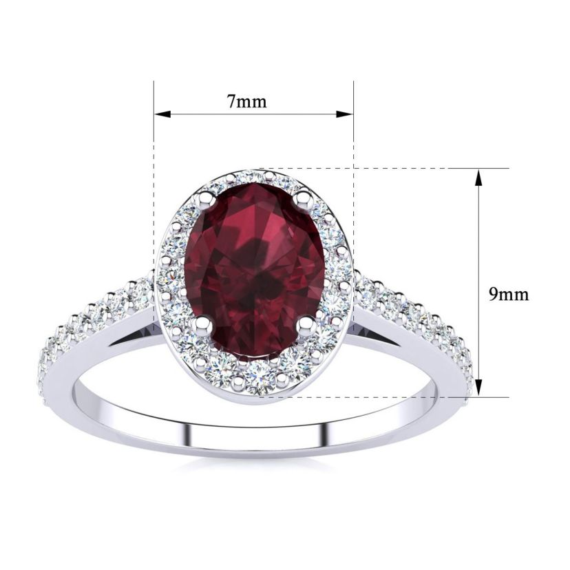 1cttw Oval Shape Garnet and Halo Diamond Ring In Sterling Silver