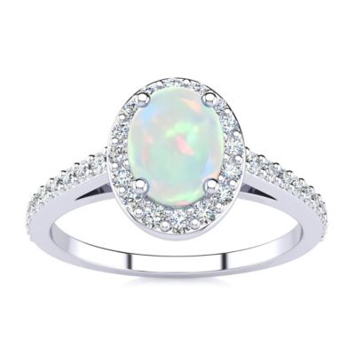 Belk & Co Lab Created 1cttw Oval Shape Created Opal and Halo Diamond Ring In Sterling Silver, White, 6.5