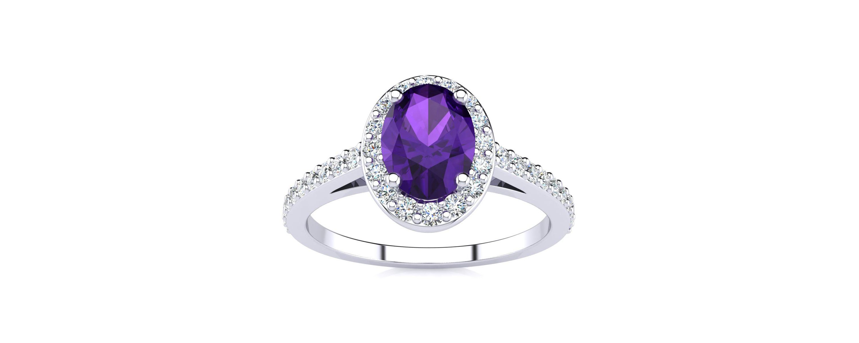 1cttw Oval Shape Amethyst and Halo Diamond Ring In Sterling Silver