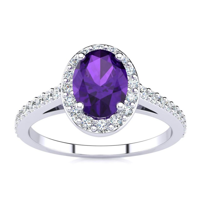 1cttw Oval Shape Amethyst and Halo Diamond Ring In Sterling Silver