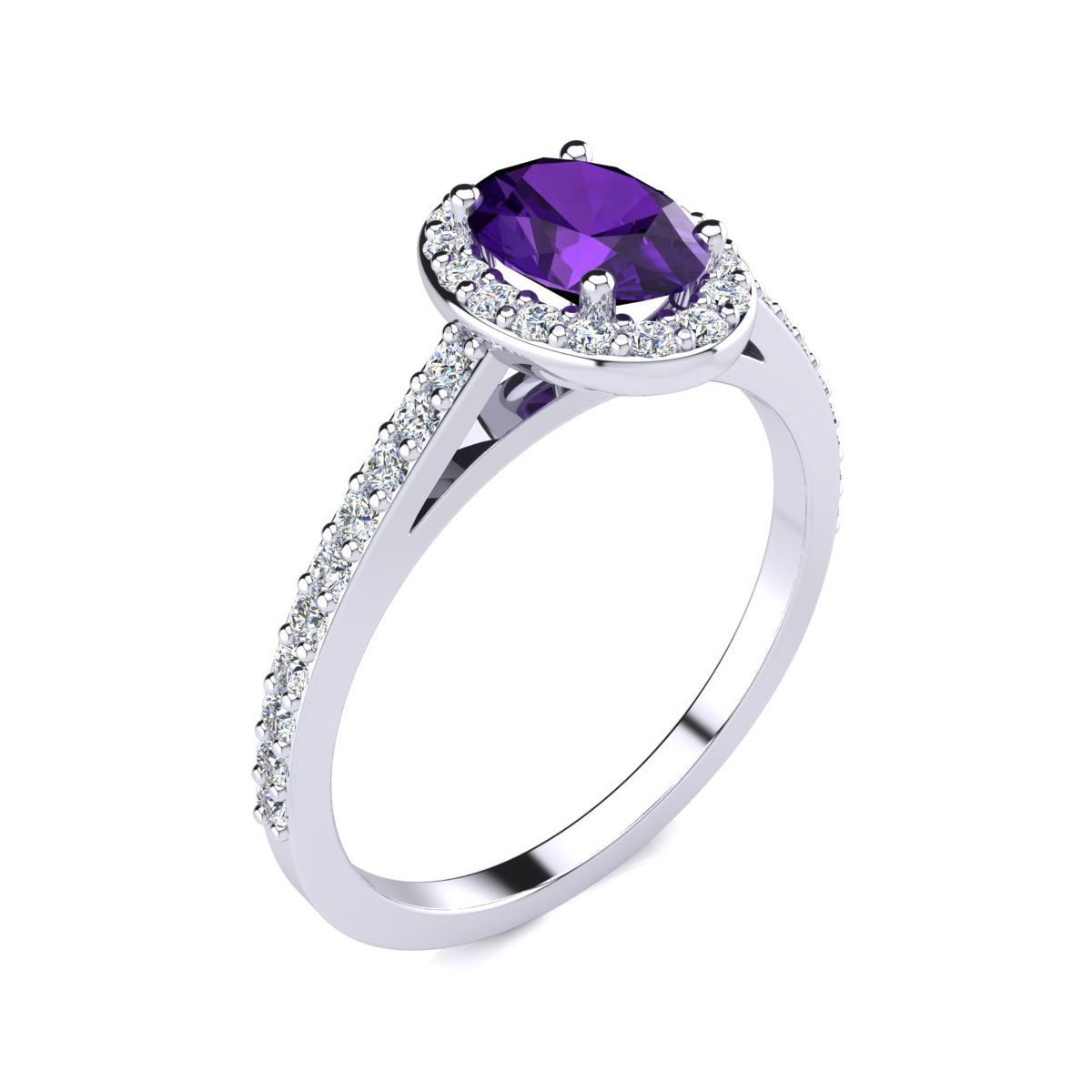 1cttw Oval Shape Amethyst and Halo Diamond Ring In Sterling Silver