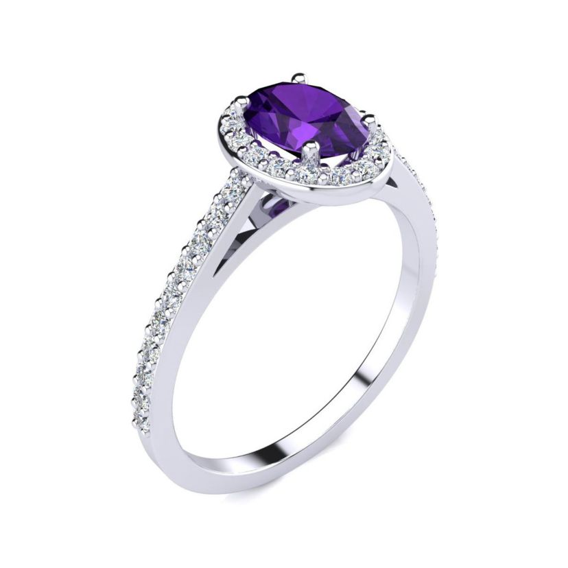 1cttw Oval Shape Amethyst and Halo Diamond Ring In Sterling Silver