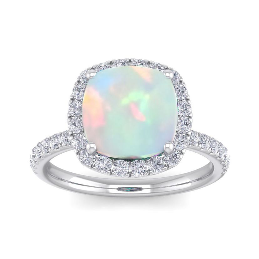 Lab Created 5 1/2 ct. t.w. Cushion Cut Created Opal and Double Halo Diamond Ring In Sterling Silver