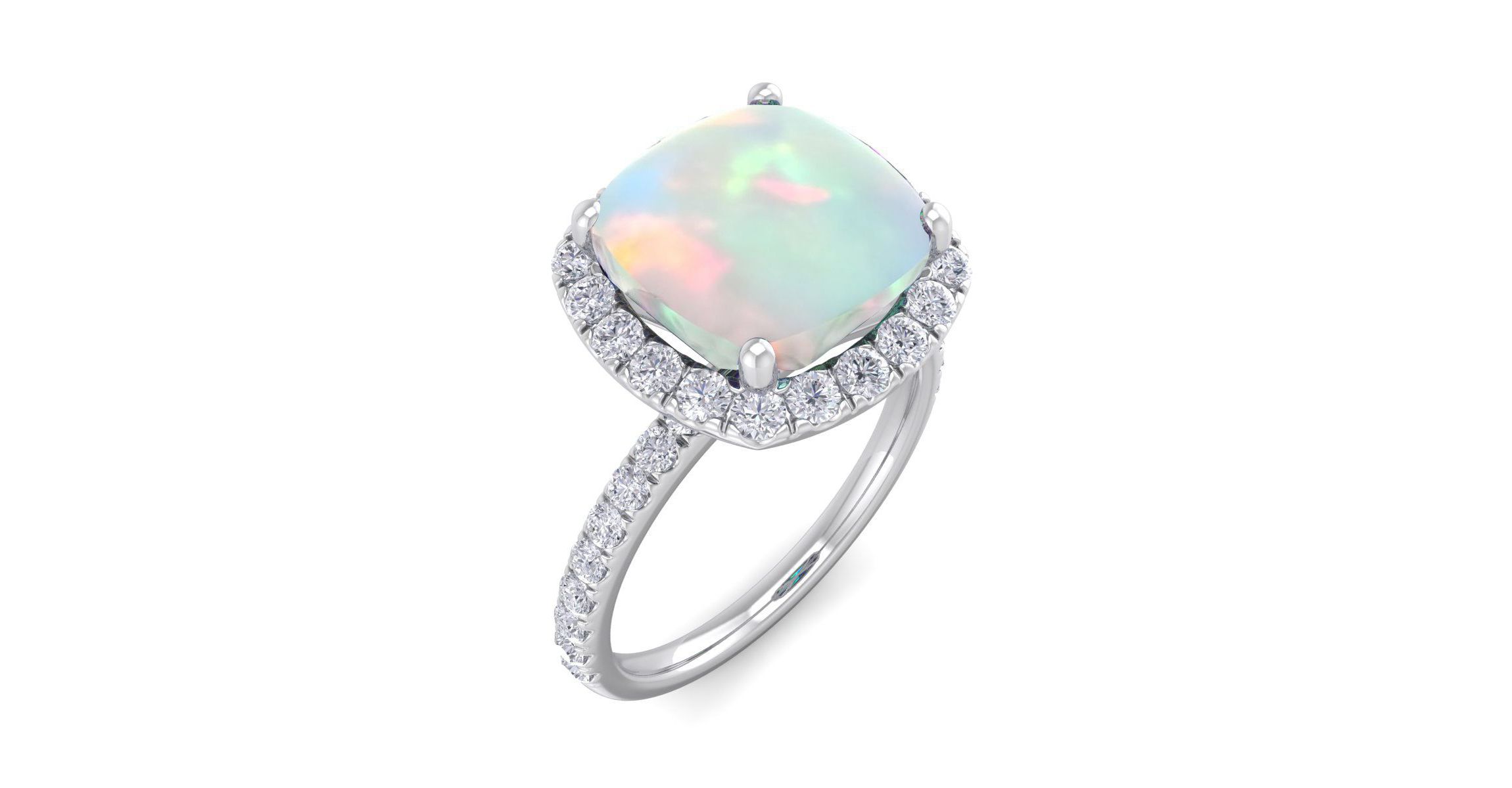 Lab Created 5 1/2 ct. t.w. Cushion Cut Created Opal and Double Halo Diamond Ring In Sterling Silver