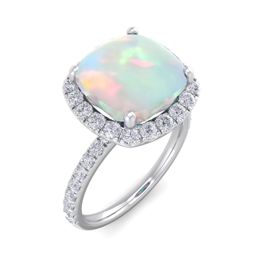 Lab Created 5 1/2 ct. t.w. Cushion Cut Created Opal and Double Halo Diamond Ring In Sterling Silver