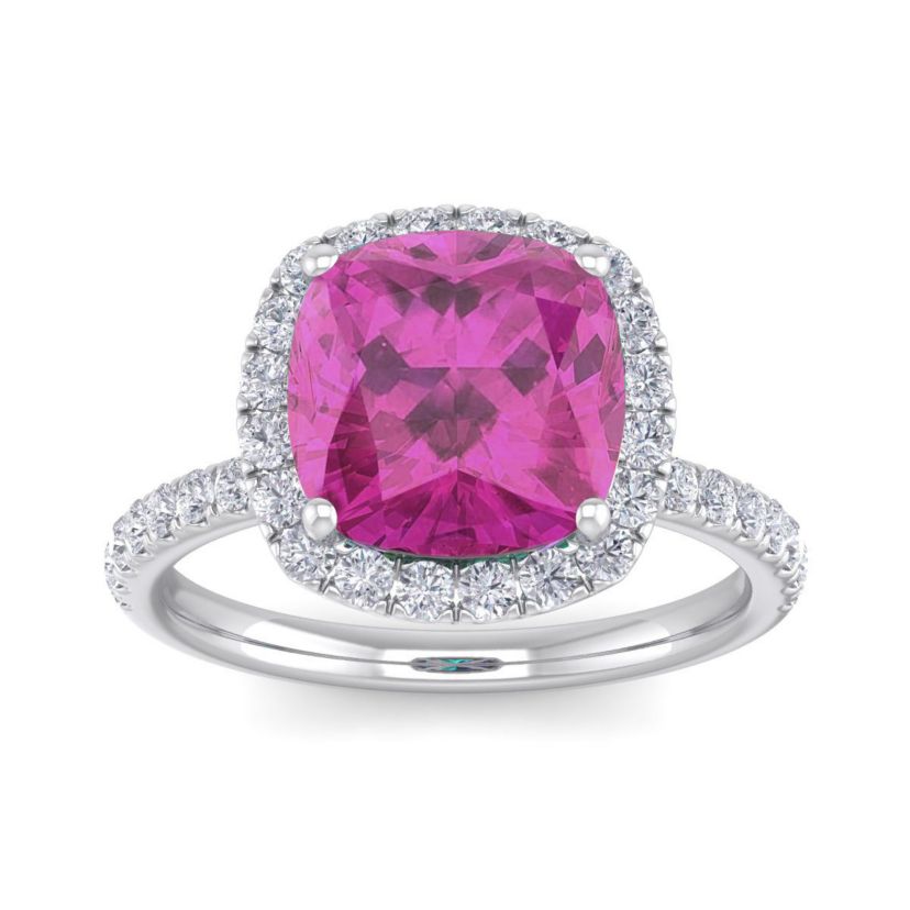 Lab Created 5 1/2 ct. t.w. Cushion Cut Created Pink Sapphire and Double Halo Diamond Ring In Sterling Silver