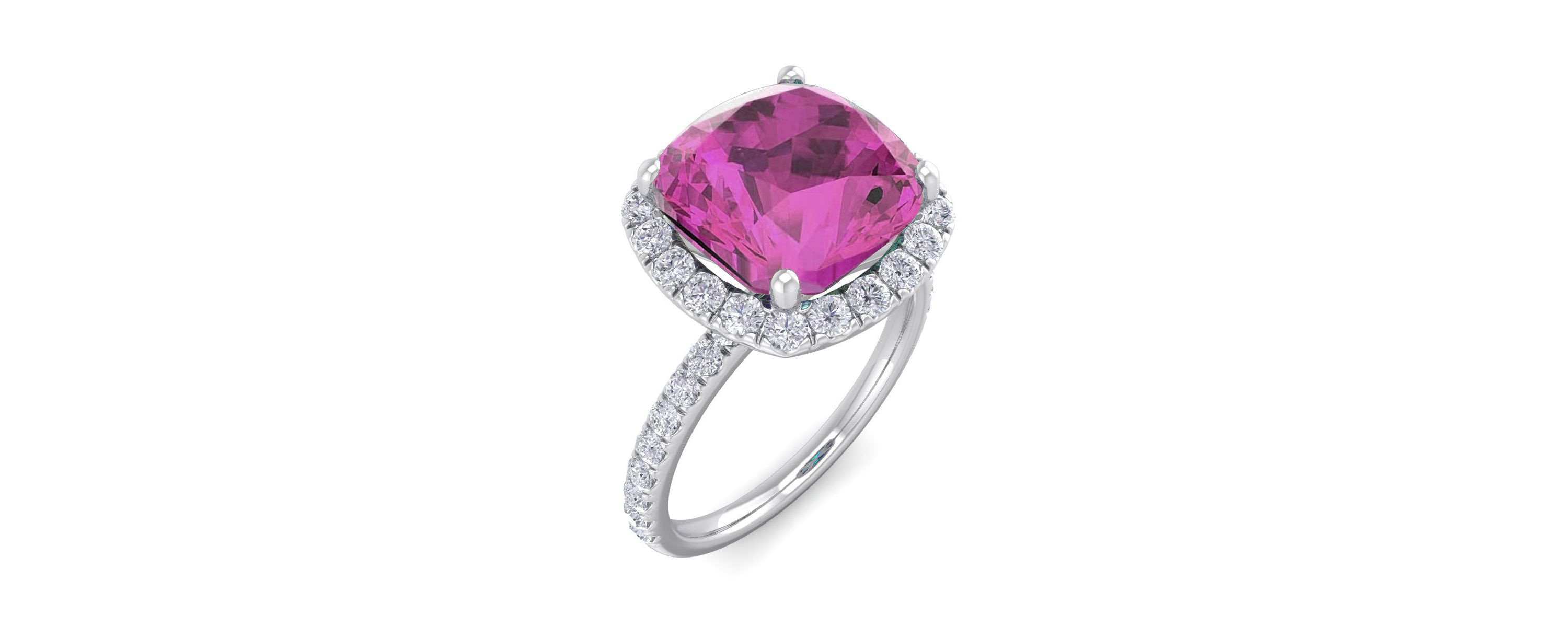 Lab Created 5 1/2 ct. t.w. Cushion Cut Created Pink Sapphire and Double Halo Diamond Ring In Sterling Silver
