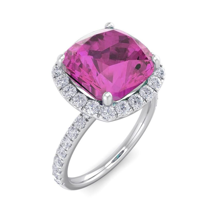 Lab Created 5 1/2 ct. t.w. Cushion Cut Created Pink Sapphire and Double Halo Diamond Ring In Sterling Silver