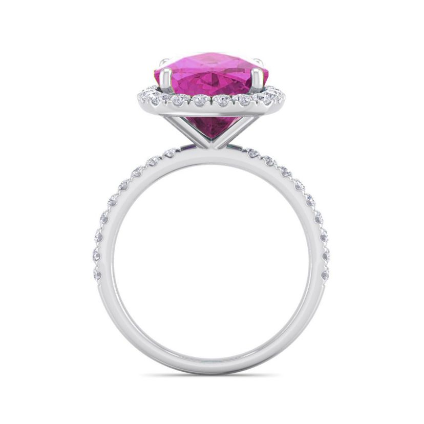 Lab Created 5 1/2 ct. t.w. Cushion Cut Created Pink Sapphire and Double Halo Diamond Ring In Sterling Silver