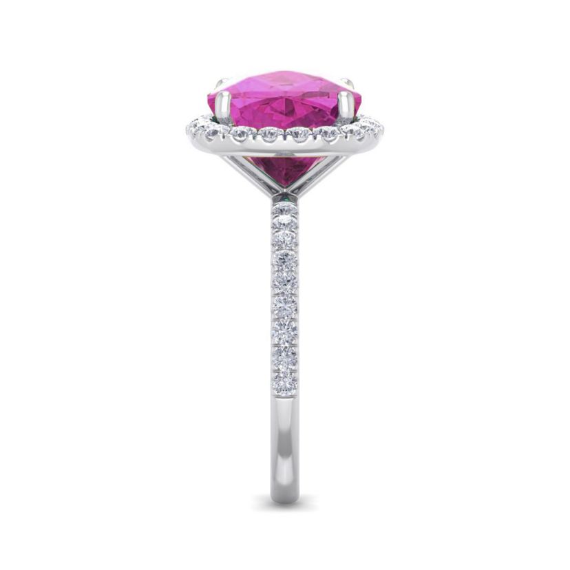 Lab Created 5 1/2 ct. t.w. Cushion Cut Created Pink Sapphire and Double Halo Diamond Ring In Sterling Silver