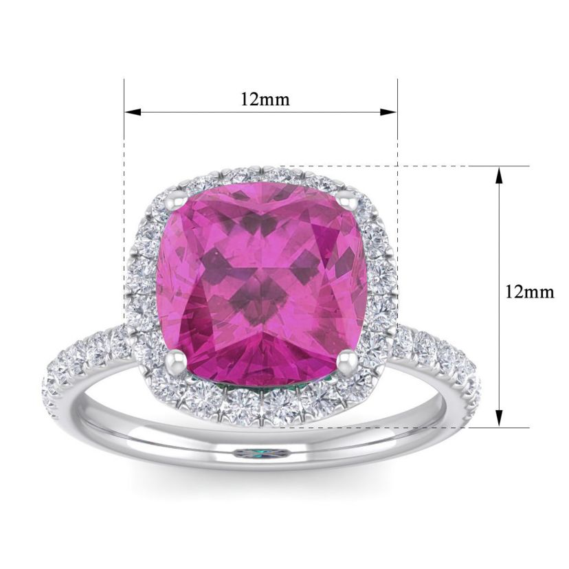 Lab Created 5 1/2 ct. t.w. Cushion Cut Created Pink Sapphire and Double Halo Diamond Ring In Sterling Silver