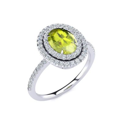 1 1/2cttw Oval Shape Peridot and Double Halo Diamond Ring Sterling Silver