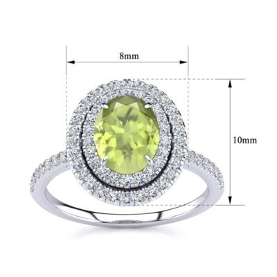 1 1/2cttw Oval Shape Peridot and Double Halo Diamond Ring Sterling Silver