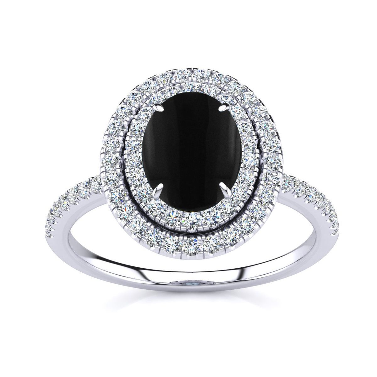 1 1/2cttw Oval Shape Black Onyx and Double Halo Diamond Ring In Sterling Silver
