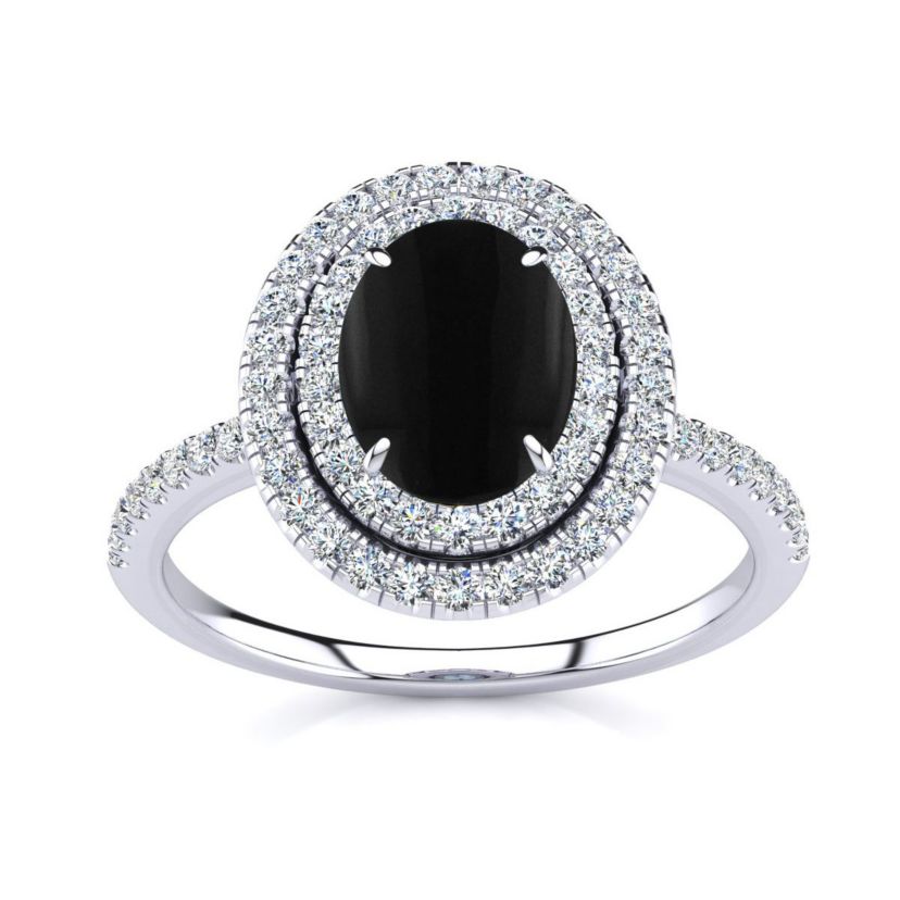 1 1/2cttw Oval Shape Black Onyx and Double Halo Diamond Ring In Sterling Silver