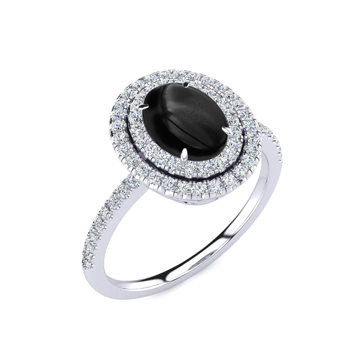 1 1/2cttw Oval Shape Black Onyx and Double Halo Diamond Ring In Sterling Silver