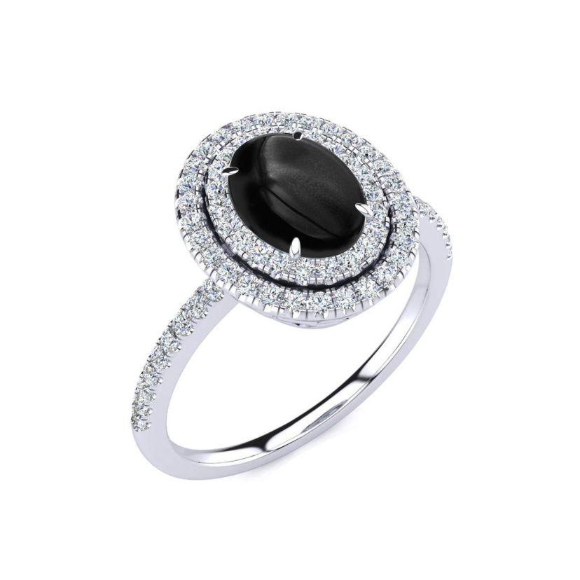 1 1/2cttw Oval Shape Black Onyx and Double Halo Diamond Ring In Sterling Silver