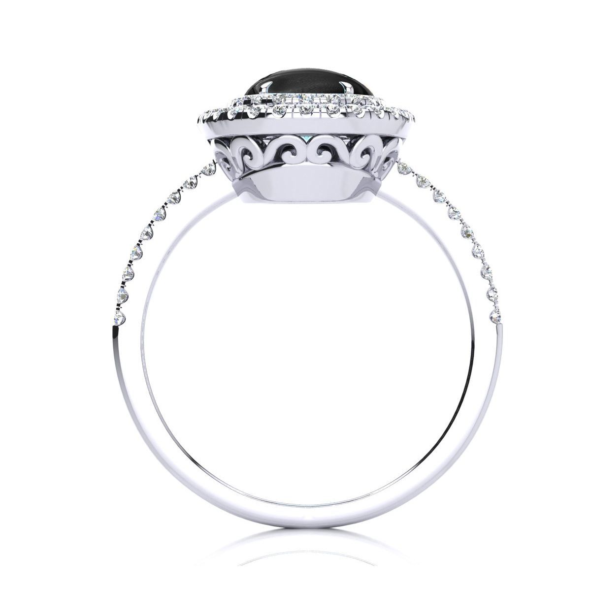 1 1/2cttw Oval Shape Black Onyx and Double Halo Diamond Ring In Sterling Silver