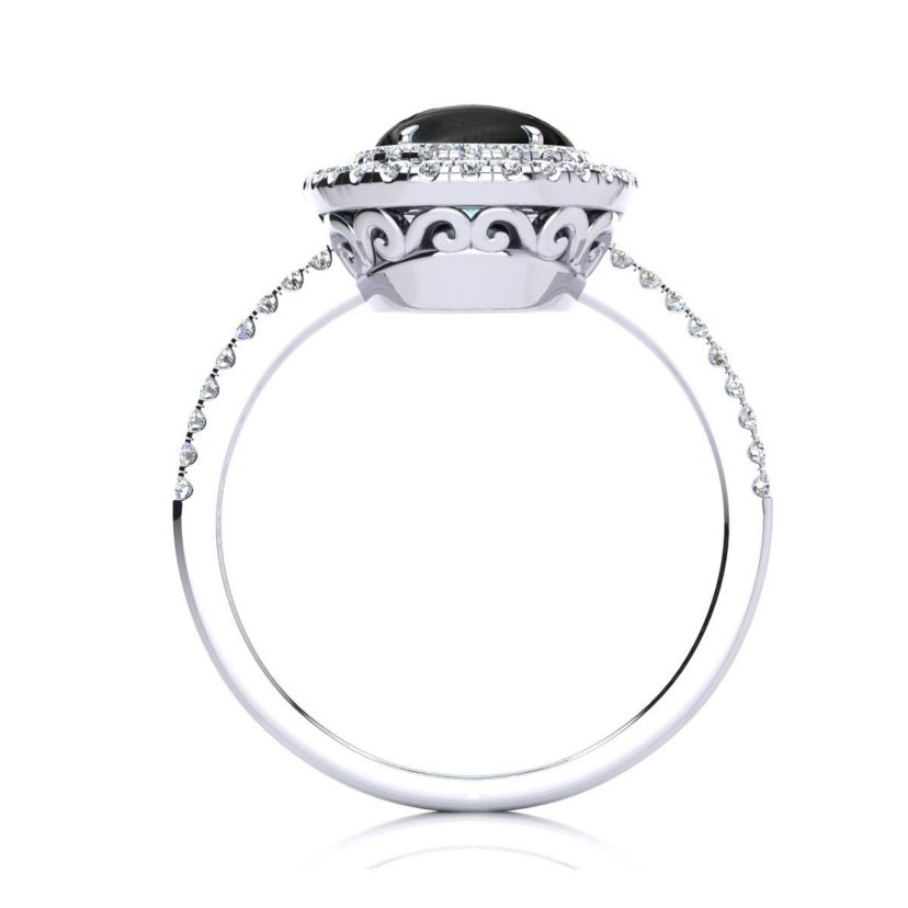 1 1/2cttw Oval Shape Black Onyx and Double Halo Diamond Ring In Sterling Silver