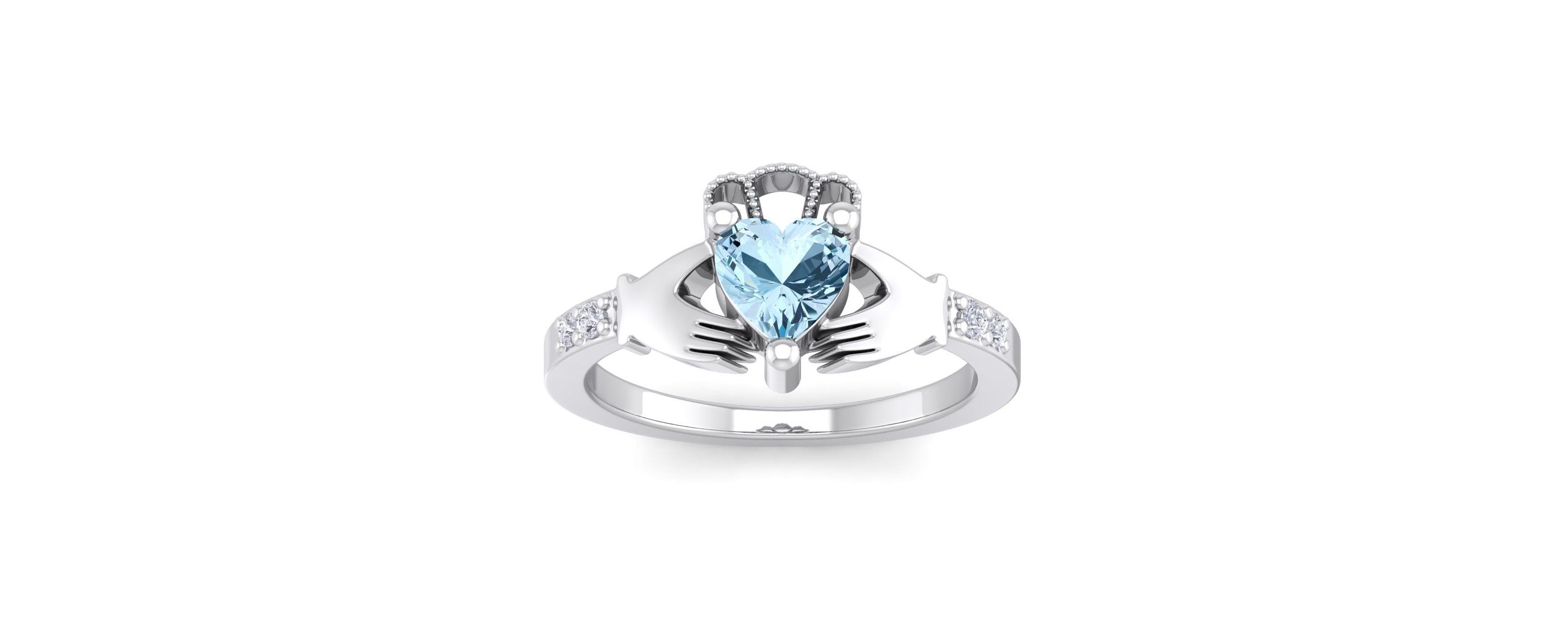 1cttw Heart Shape Aquamarine and Diamond Claddagh Ring In Sterling Silver