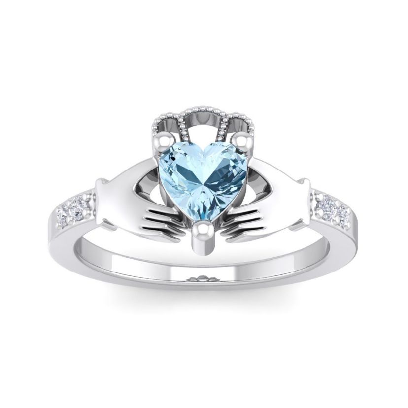 1cttw Heart Shape Aquamarine and Diamond Claddagh Ring In Sterling Silver