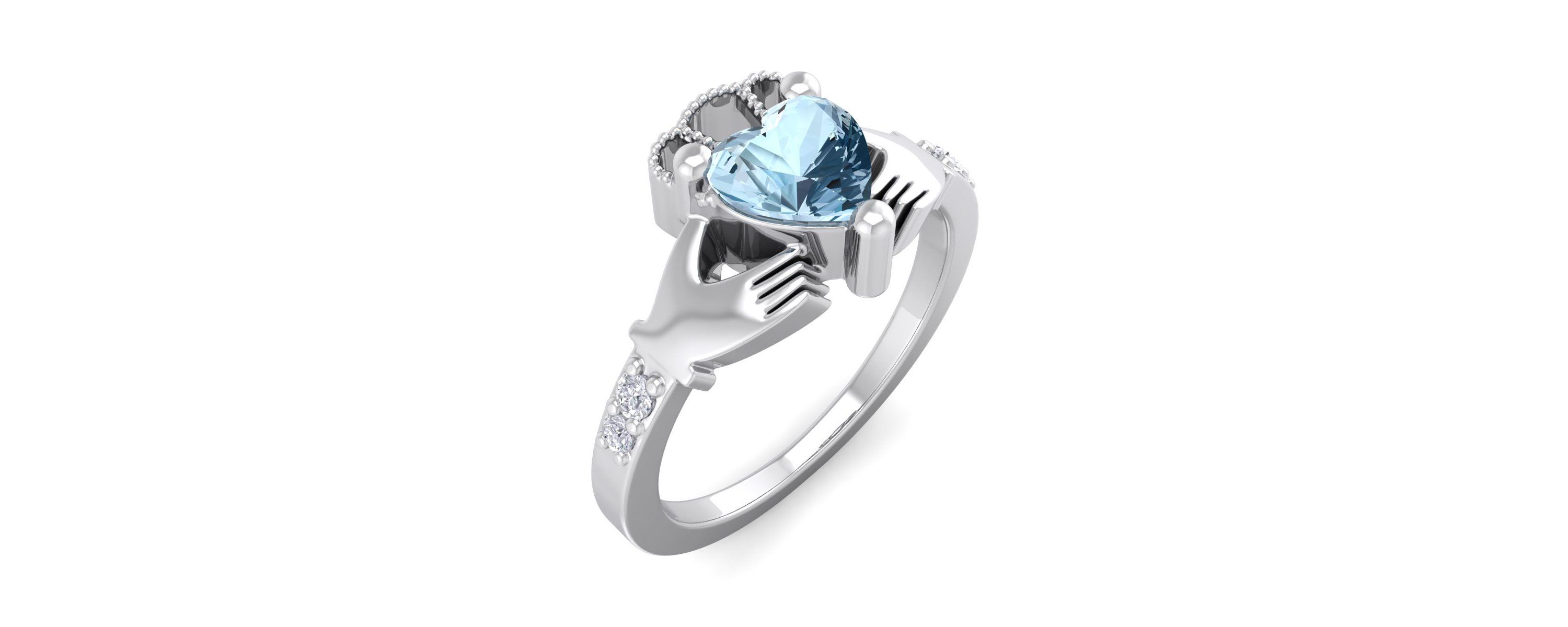 1cttw Heart Shape Aquamarine and Diamond Claddagh Ring In Sterling Silver