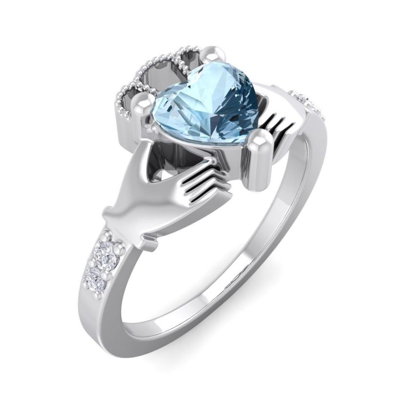 1cttw Heart Shape Aquamarine and Diamond Claddagh Ring In Sterling Silver