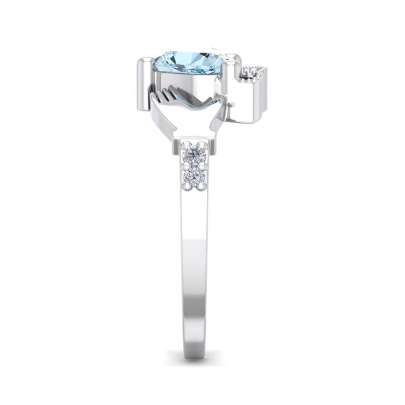 1cttw Heart Shape Aquamarine and Diamond Claddagh Ring In Sterling Silver