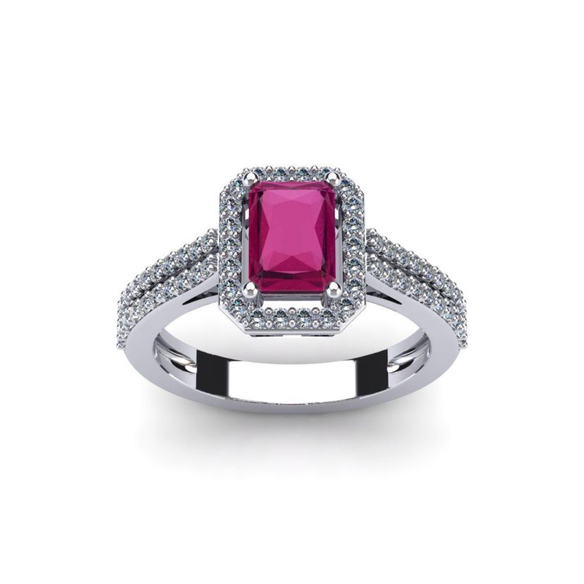 Lab Created 1 1/2cttw Octagon Shape Created Ruby and Halo Diamond Ring In Sterling Silver