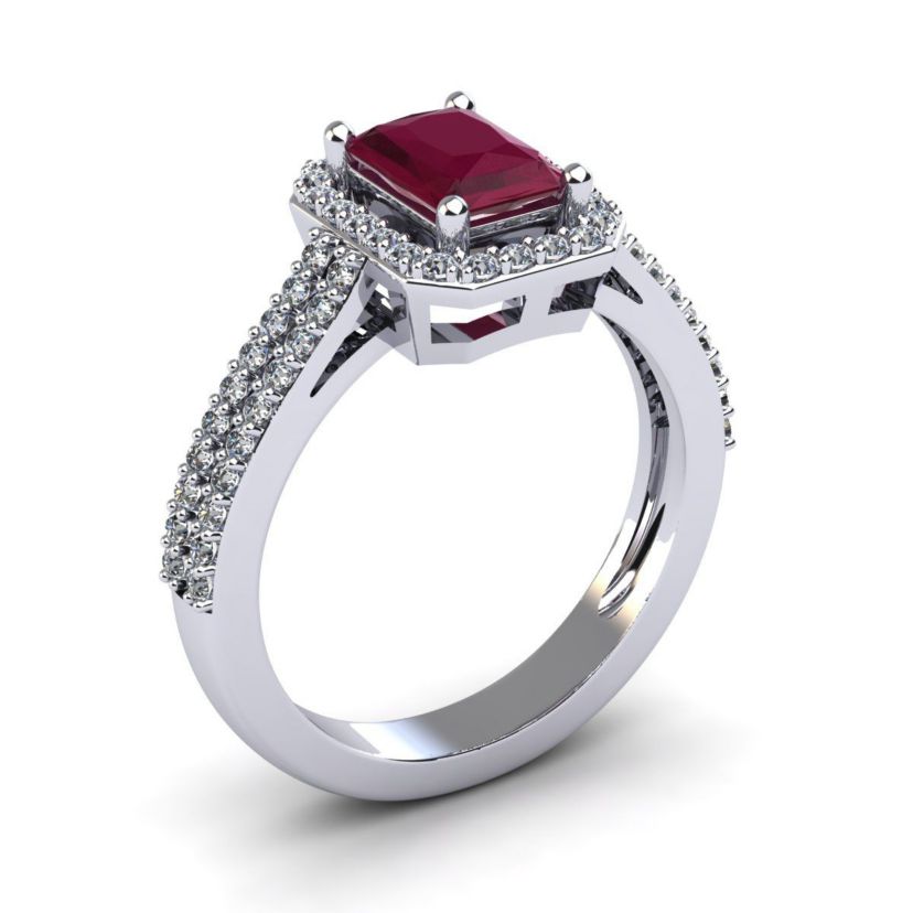 Lab Created 1 1/2cttw Octagon Shape Created Ruby and Halo Diamond Ring In Sterling Silver