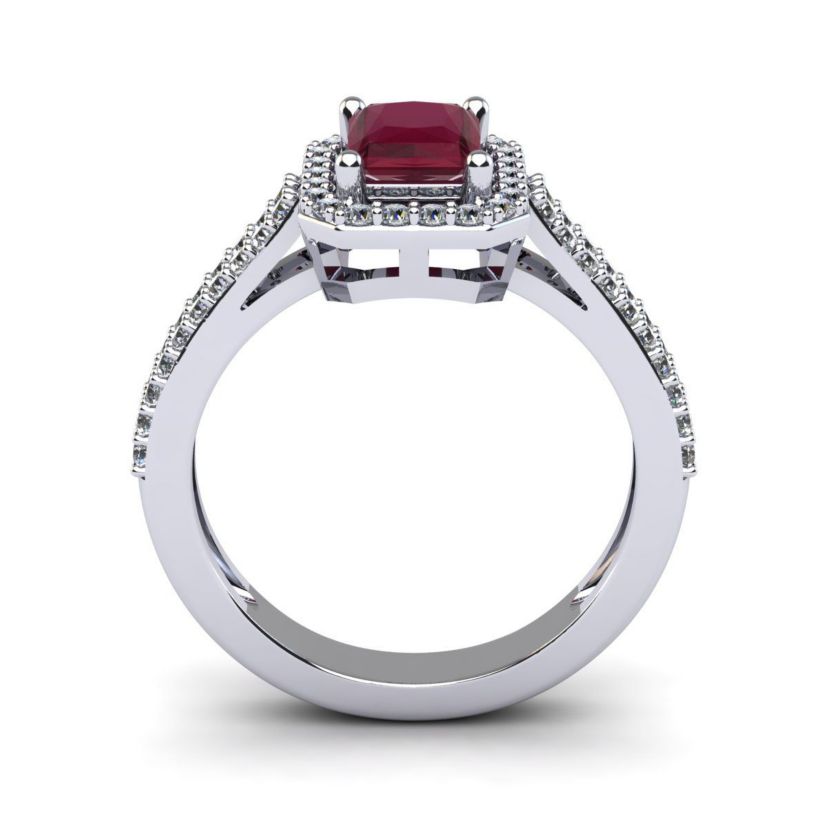 Lab Created 1 1/2cttw Octagon Shape Created Ruby and Halo Diamond Ring In Sterling Silver