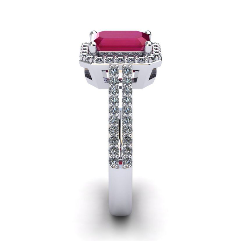 Lab Created 1 1/2cttw Octagon Shape Created Ruby and Halo Diamond Ring In Sterling Silver
