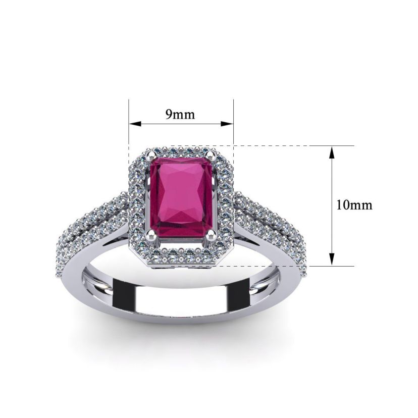 Lab Created 1 1/2cttw Octagon Shape Created Ruby and Halo Diamond Ring In Sterling Silver