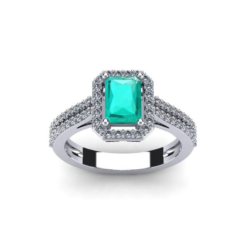 Lab Created 1 1/2cttw Octagon Shape Created Emerald and Halo Diamond Ring In Sterling Silver