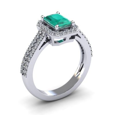 Lab Created 1 1/2cttw Octagon Shape Emerald and Halo Diamond Ring Sterling Silver