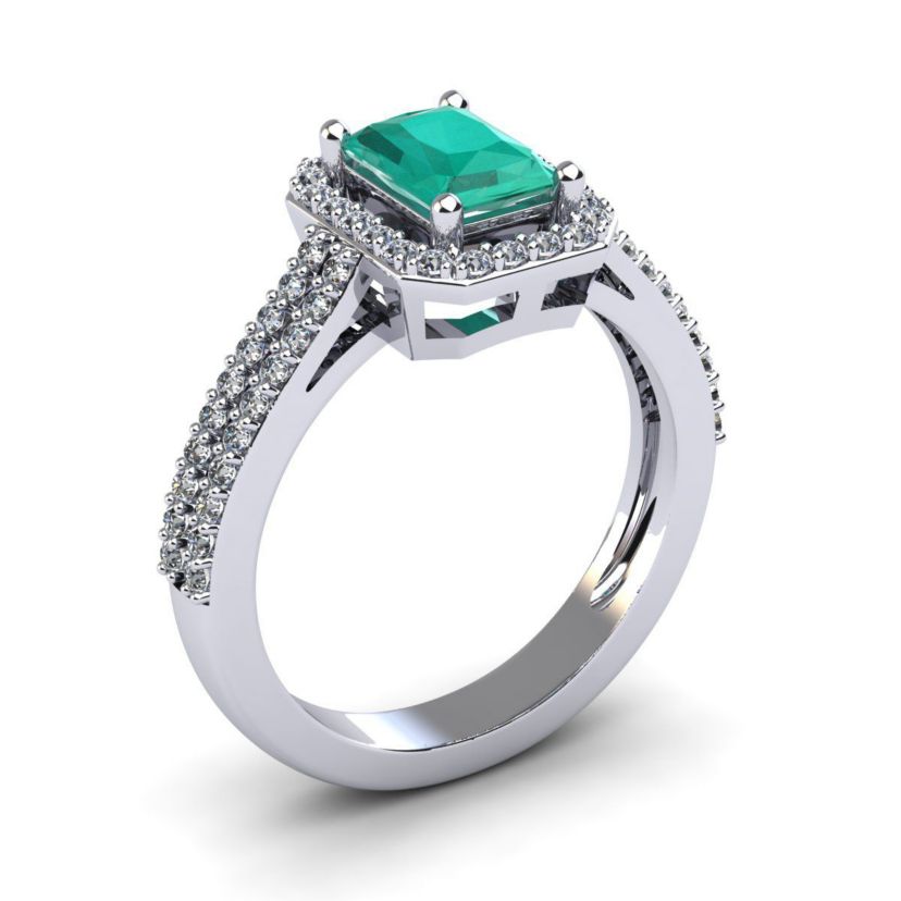Lab Created 1 1/2cttw Octagon Shape Created Emerald and Halo Diamond Ring In Sterling Silver