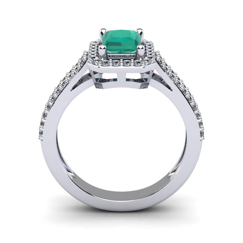 Lab Created 1 1/2cttw Octagon Shape Created Emerald and Halo Diamond Ring In Sterling Silver