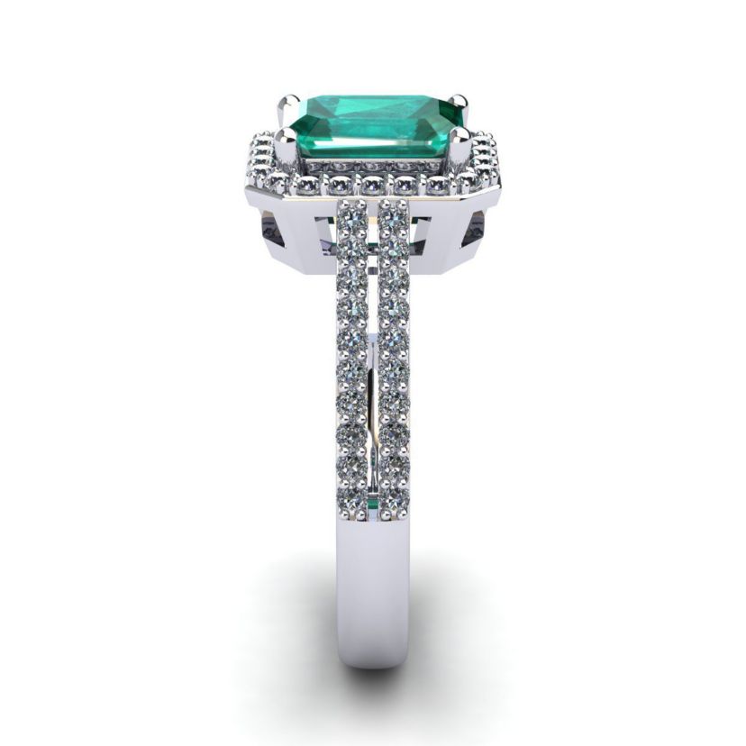 Lab Created 1 1/2cttw Octagon Shape Created Emerald and Halo Diamond Ring In Sterling Silver