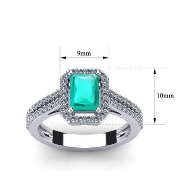 Lab Created 1 1/2cttw Octagon Shape Emerald and Halo Diamond Ring Sterling Silver