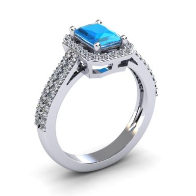 1 1/2cttw Octagon Shape Blue Topaz and Halo Diamond Ring Sterling Silver