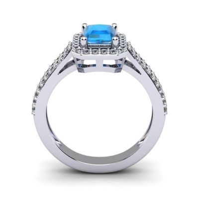 1 1/2cttw Octagon Shape Blue Topaz and Halo Diamond Ring Sterling Silver