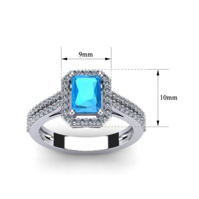 1 1/2cttw Octagon Shape Blue Topaz and Halo Diamond Ring Sterling Silver