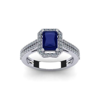 Lab Created 1 1/2cttw Octagon Shape Sapphire and Halo Diamond Ring Sterling Silver
