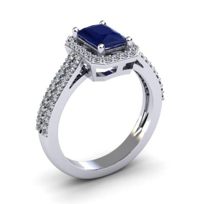 Lab Created 1 1/2cttw Octagon Shape Sapphire and Halo Diamond Ring Sterling Silver