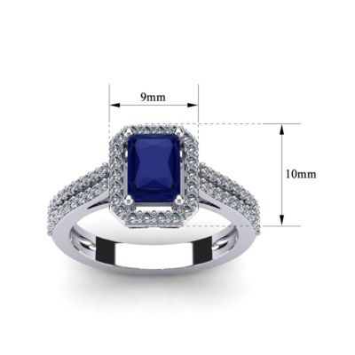 Lab Created 1 1/2cttw Octagon Shape Sapphire and Halo Diamond Ring Sterling Silver