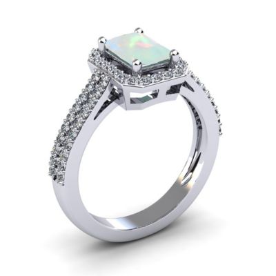 Lab Created 1 1/2cttw Octagon Shape Opal and Halo Diamond Ring Sterling Silver